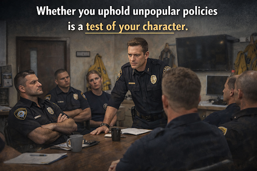 Leader addressing team about unpopular policy in fire service or law enforcement setting